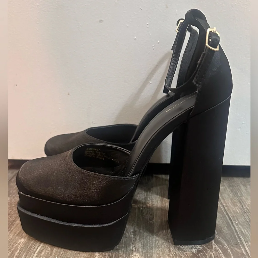 PrettyLittleThing Black Satin Square Toe Double Platform Heeled Sandals